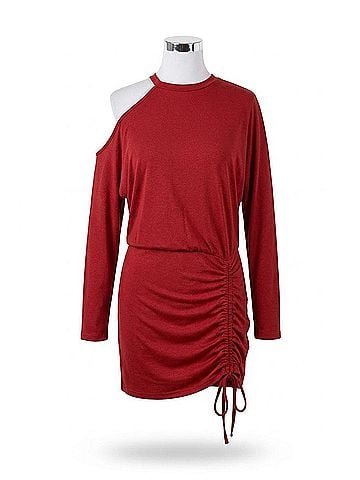 Esley Cold-Shoulder Ruched Knit Mini Dress in Brick Red (view 1)
