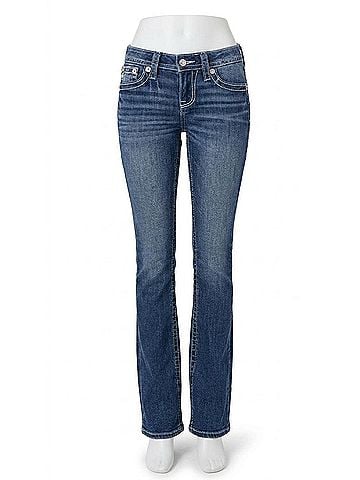 Miss Me Women's Mid-Rise Fleur De Lis Boot Cut Jeans in Distressed Blue (view 1)