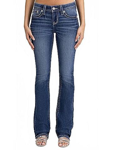 Miss Me Women's Mid-Rise Fleur De Lis Boot Cut Jeans in Distressed Blue (view 2)