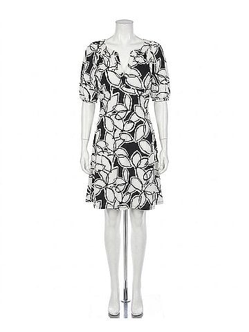 Joseph Ribkoff Floral Print Puff Sleeve A-Line Dress in Midnight Blue/Vanilla (view 1)