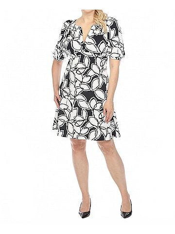 Joseph Ribkoff Floral Print Puff Sleeve A-Line Dress in Midnight Blue/Vanilla (view 2)