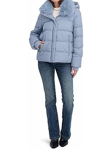 Tahari Short Quilted Puffer Jacket With Faux Fur Collar &amp; Detachable Hood in Powder Blue (view 2)