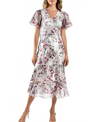 Komarov Charmuese Dress With Chiffon Flutter Sleeve in Wildflower Fields (view 2)
