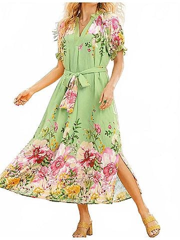 Umgee Floral Border Print Midi Dress With Tie Belt in Sage (view 2)
