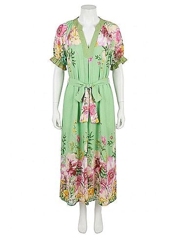 Umgee Floral Border Print Midi Dress With Tie Belt in Sage (view 1)