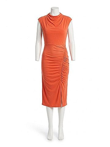 London Times Cap Sleeve Ruched Mock Neck Dress in Poppy Red (view 1)