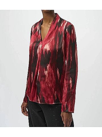 Joseph Ribkoff Abstract V-Neck Satin Top in Black/Red (view 2)