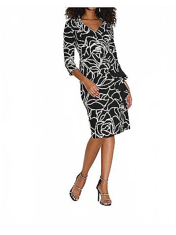 Joseph Ribkoff Floral Print Faux Wrap Sheath Dress in Black/Vanilla (view 2)