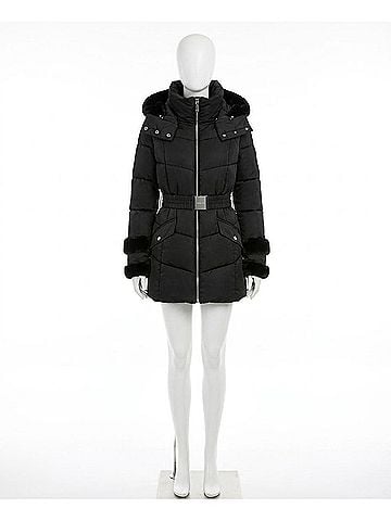 Laundry by Shelli Segal Stretch Quilted Puffer Coat With Faux Fur Trim Puffers in Black (view 1)