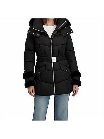 Laundry by Shelli Segal Stretch Quilted Puffer Coat With Faux Fur Trim Puffers in Black (view 2)
