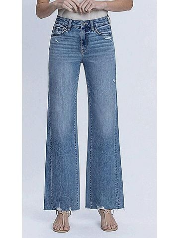 Flying Monkey Women's High Rise Full Length Slant Side Seam Vintage Flare Jeans in Blue (view 2)