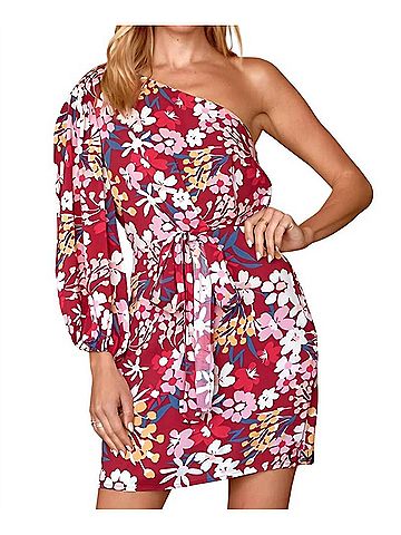 Emily Wonder Donna One Shoulder Floral Dress - Plus in Dark Magenta (view 2)