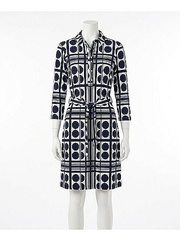 Joseph Ribkoff Dot Print Waist Tie Shirt Dress in Midnight Blue/Vanilla (view 1)