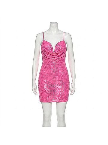 Jovani Cowl Neck Backless Mini Dress in Hot Pink (view 1)