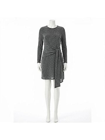 London Times Shimmer Long Sleeve Drape Skirt Cocktail Dress in Black Silver (view 1)