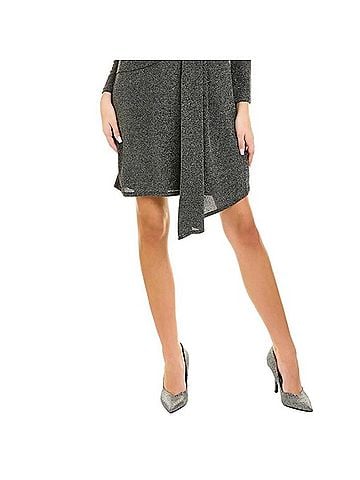 London Times Shimmer Long Sleeve Drape Skirt Cocktail Dress in Black Silver (view 2)