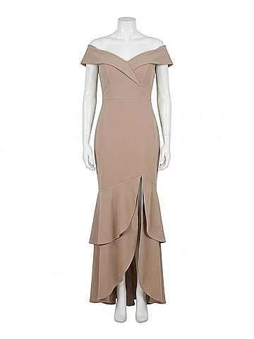 Joseph Ribkoff Off-Shoulder Tiered Hem Evening Dress in Latte (view 1)