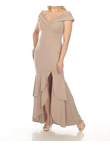 Joseph Ribkoff Off-Shoulder Tiered Hem Evening Dress in Latte (view 2)
