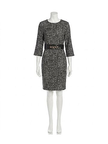 Joseph Ribkoff Faux Leather Detail Tweed Dress in Black/Off-White (view 1)