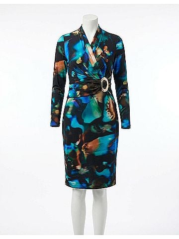 Joseph Ribkoff Abstract Print Faux Wrap Long Sleeves Dress in Black/Multi (view 1)