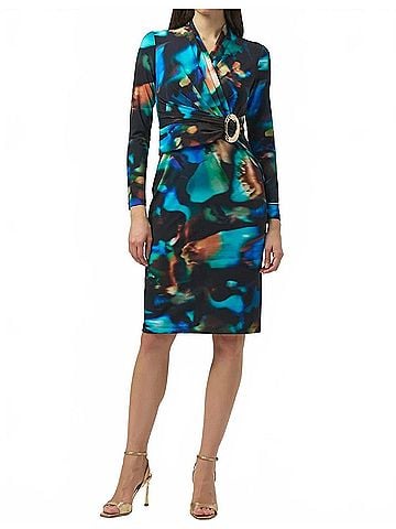 Joseph Ribkoff Abstract Print Faux Wrap Long Sleeves Dress in Black/Multi (view 2)