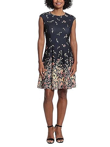 London Times Floral Cap Sleeve A-Line Dress in Black Gold (view 2)