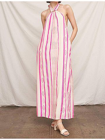 En Creme Halter Embroidered Maxi Dress in Pink (view 2)