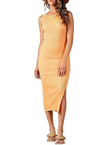 LUCCA Amaryllis Open-Back Ribbed Knit Midi Dress in Apricot (view 2)