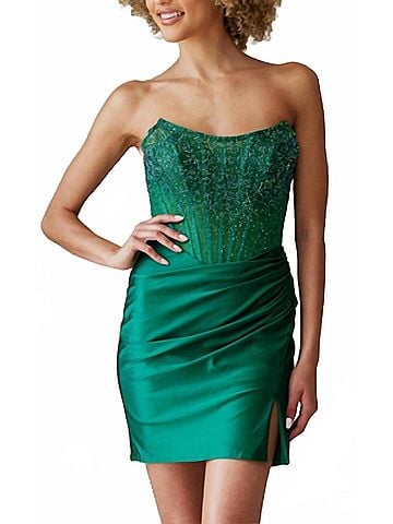 Amelia Couture Beaded Short Strapless Dress in Emerald Green (view 2)