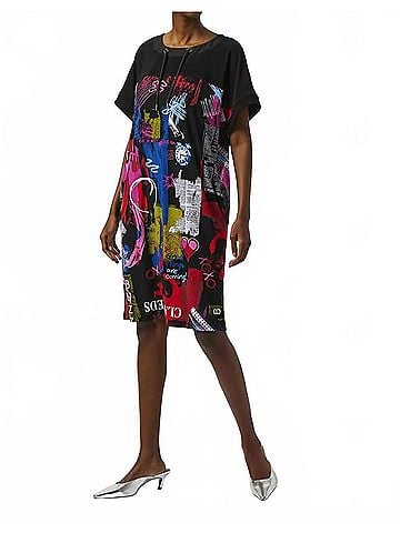 Joseph Ribkoff Word Print Scoop Neck Dress in Black/Multi (view 2)