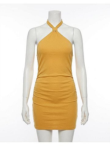 Motel Rocks Josie Halter Mini Dress in Rib Yolk Yellow (view 1)