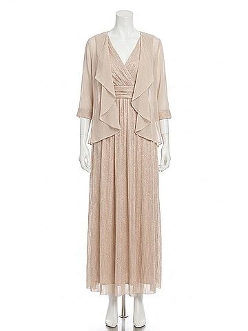 R&M Richards Shimmer Long Two-Piece Jacket Dress in Champagne (view 1)