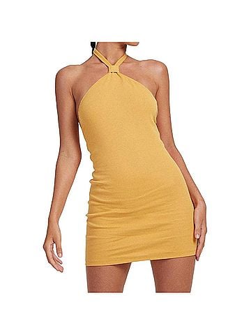 Motel Rocks Josie Halter Mini Dress in Rib Yolk Yellow (view 2)