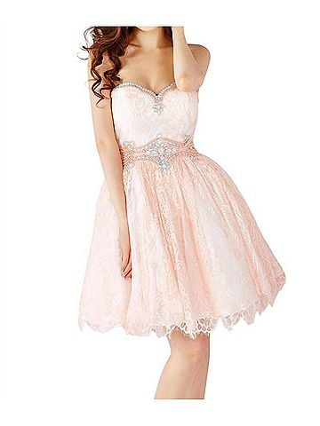 Angela & Alison Short Prom Dress in Peach (view 2)