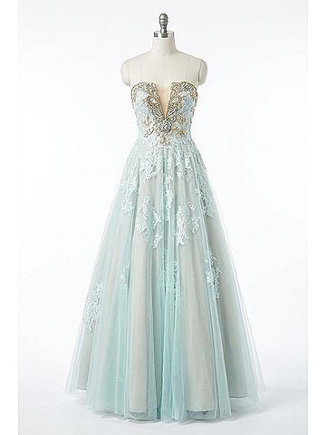 Terani Couture Plunging Illusion Neckline Prom Dress in Aqua/Gold (view 1)