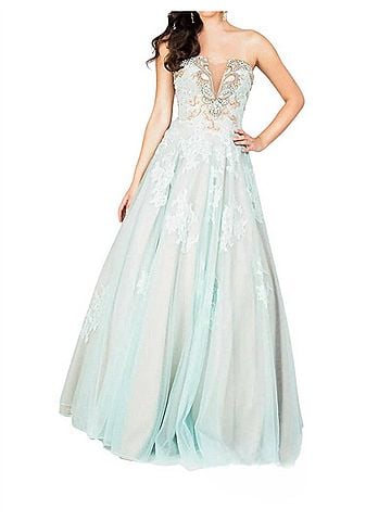 Terani Couture Plunging Illusion Neckline Prom Dress in Aqua/Gold (view 2)