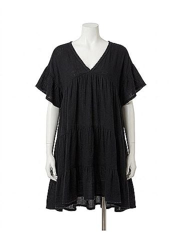 Pol V-Neck Ruffle Shirring Cotton Dress in Black (view 1)