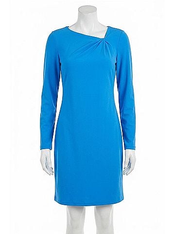 London Times Long Sleeve Knot Detail Shift Dress in Blue (view 1)