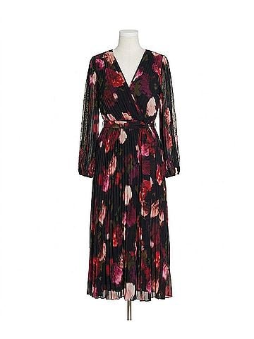 Joseph Ribkoff Floral Pleated Chiffon Midi Wrap Dress in Black/Multi (view 1)