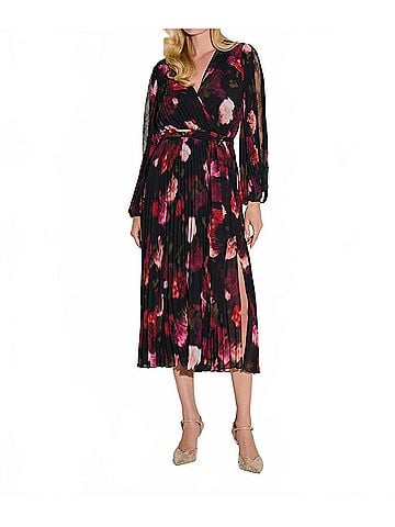 Joseph Ribkoff Floral Pleated Chiffon Midi Wrap Dress in Black/Multi (view 2)