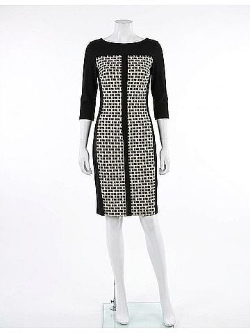 Joseph Ribkoff Geometric Jacquard Sheath Dress in Black/Off-White (view 1)