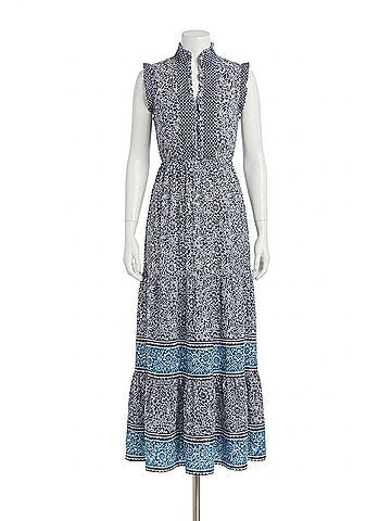 London Times High Neck Multi Print Maxi Dress in Navy Ivory (view 1)