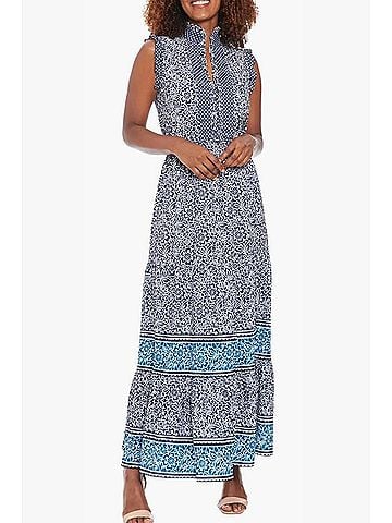 London Times High Neck Multi Print Maxi Dress in Navy Ivory (view 2)