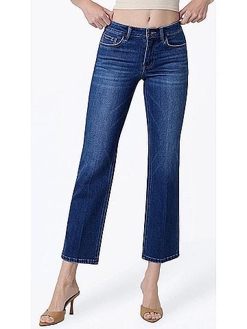 Flying Monkey Mid Rise Trouser Fold Creased Straight Jeans in Dark Wash (view 2)