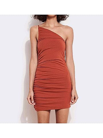 Sundry Asymmetrical Ruched Dress in Tandoori (view 2)