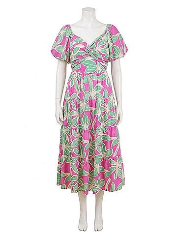 Very J Women's Kate Floral Puff Sleeve Cutout Midi Dress in Green Pink (view 1)