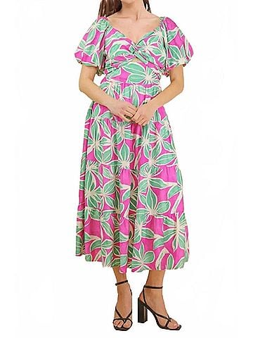 Very J Women's Kate Floral Puff Sleeve Cutout Midi Dress in Green Pink (view 2)