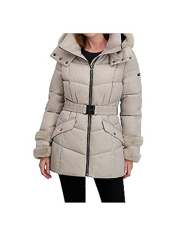 Laundry by Shelli Segal Stretch Quilted Puffer Coat With Faux Fur Trim Jacket in Opal Grey (view 2)