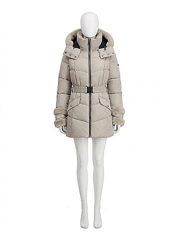 Laundry by Shelli Segal Stretch Quilted Puffer Coat With Faux Fur Trim Jacket in Opal Grey (view 1)
