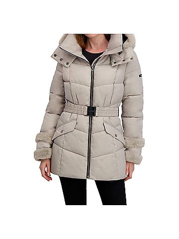 Laundry by Shelli Segal Stretch Quilted Puffer Coat With Faux Fur Trim Jacket in Opal Grey (view 2)